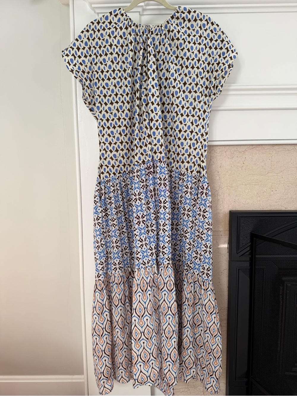 Zara Neutral Boho Tiered Resort Cotton Midi Dress in Blue and Cream
